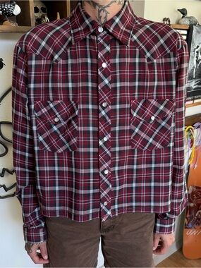 Vintage 90s Plaid Cropped Boxy Pearl Snap Western ~ Size Large